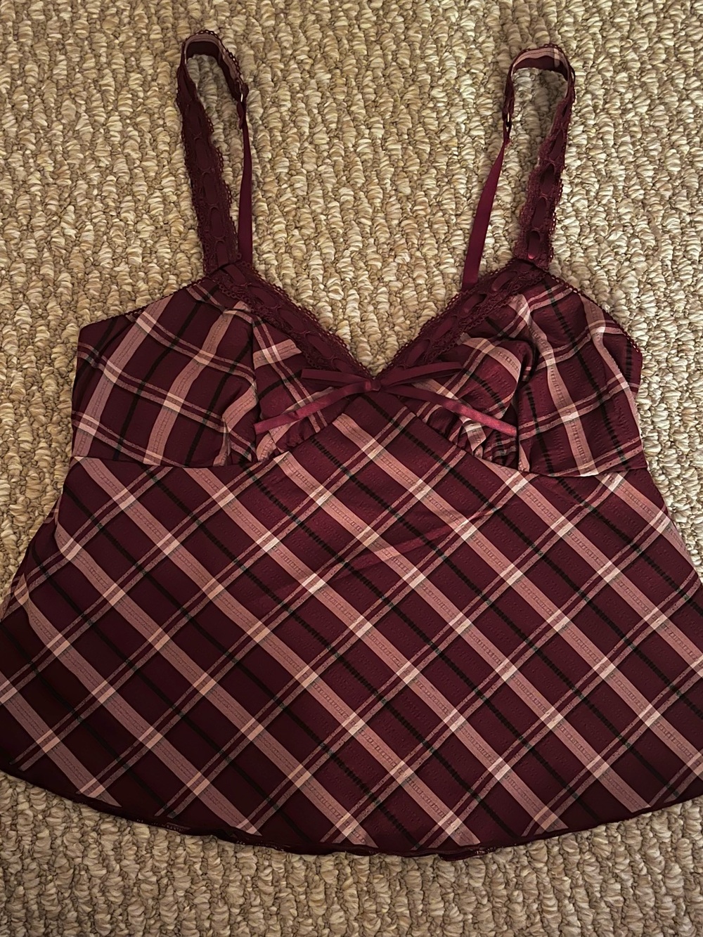 Women's Burgundy Plaid Lace Trim Tank